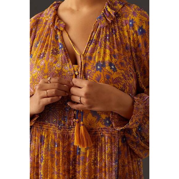 Anthropologie Plus The Marais Printed Chiffon Maxi Dress in Gold Motif Size 3X - Picture 3 of 11